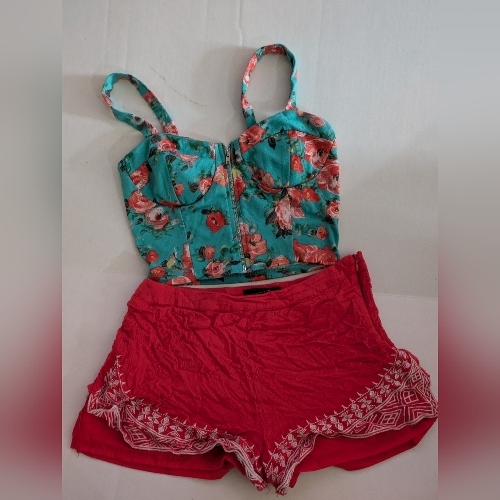 Red shorts with cropped floral top size small.